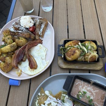 Gina's Kitchen +Catering - French Toast- Potatoes, Eggs & Bacon  Green Chilaquiles- Beans & Egg  Side of Papas Bravas - Breakfast & Brunch Near Me - Rancho Cucamonga, California