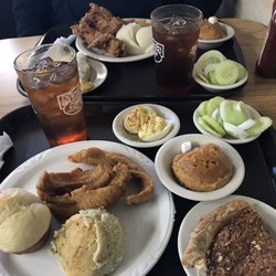 Marlar's Cafeteria - Fried fish, roll,deviled eggs,cucumbers in vinegar,sweet potato casserole, pecan pie...