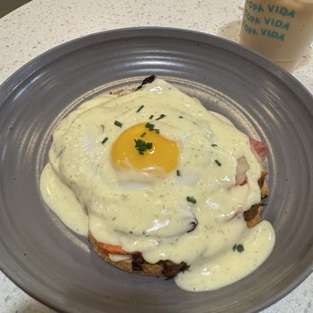 Copa Vida - Croque Madame - A meal with a fried egg garnished with chopped chives is presented on a gray ceramic plate. The dish appears to include other ingredients beneath the egg, possibly bread or meat. A plastic cup containing an iced beverage, likely coffee or tea, is placed on the table next to the plate. The setting is a casual dining environment with a light-colored table surface. - New American Near Me - Pasadena, California