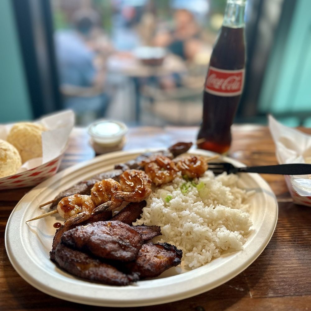 Sabor - Skewer shrimp and steak, white rice and fried bananas platter - Brazilian Near Me - New Hope, Pennsylvania Sabor - Skewer shrimp and steak, white rice and fried bananas platter - Brazilian Near Me - New Hope, Pennsylvania