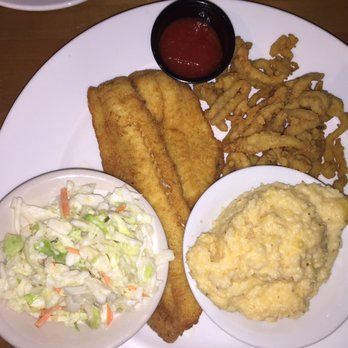 The Dunes Restaurant - Flounder and clam strips with cole slaw and cheese grits. - Seafood Near Me - Nags Head, North Carolina The Dunes Restaurant - Flounder and clam strips with cole slaw and cheese grits. - Seafood Near Me - Nags Head, North Carolina