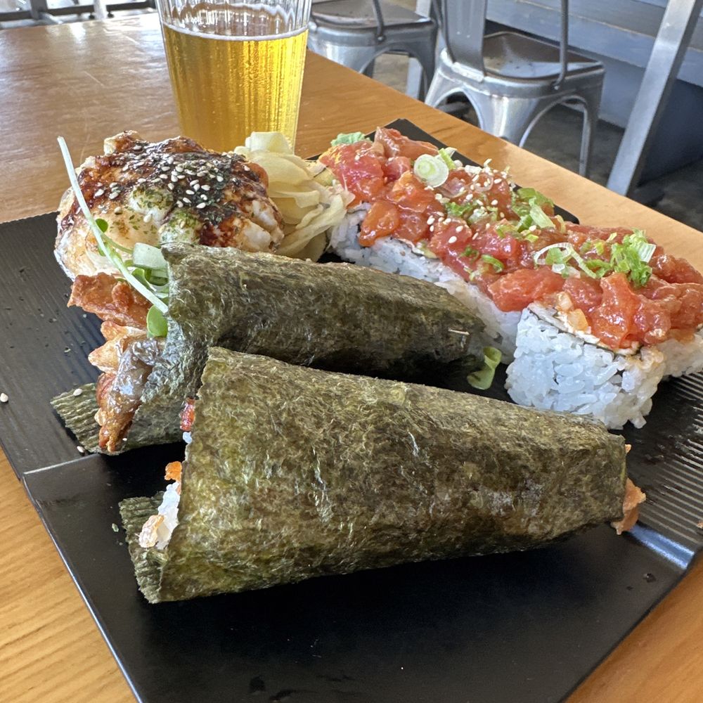 Full Moon Sushi - Salmon skin hand roll Hawaiian cut roll baked scallops - Japanese Near Me - San Clemente, California
