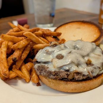 Ms Allie’s Cafe - Swiss and Mushroom burger with fries. Mmmmm. - Coffee & Tea Near Me - Marshville, North Carolina
