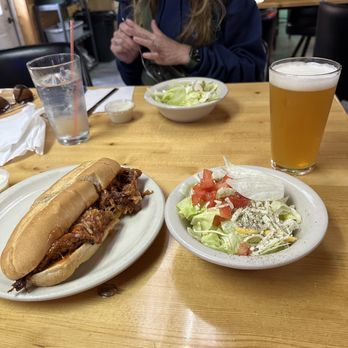 Leaf Valley Mercantile - Pulled pork hoagie with a salad and draft IPA. Pretty good! - Pizza Near Me - Garfield, Minnesota