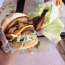Bbq double char burger and double char with lettuce wrap. Bbq double char burger and double char with lettuce wrap.