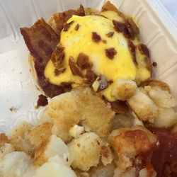Morning Buns Bake Shop - Bacon Eggs Benedict with hash browns