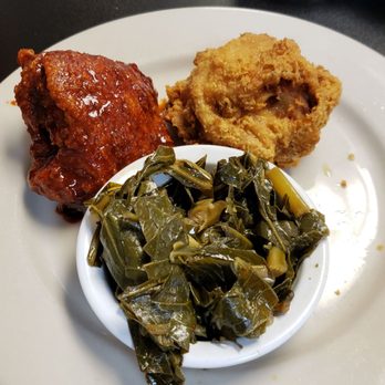Jackie's Dream - One original thigh, one hot thigh, collard greens - Soul Food Near Me - Knoxville, Tennessee