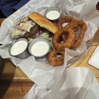 Skip's Kitchen - Bacon & Pepper Jack Cheese Burger w/ Onion Rings - Burgers Near Me - Carmichael, California Skip's Kitchen - Bacon & Pepper Jack Cheese Burger w/ Onion Rings - Burgers Near Me - Carmichael, California