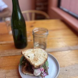Hi Flora! - A deep fried mushroom sandwich with beet ketchup sauce get it with that ketchup sauce!