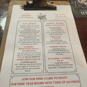 Grinder's Switch Winery - The wine menu while I was there. The Barrel Select was my favorite. - Wineries Near Me - Nashville, Tennessee Grinder's Switch Winery - The wine menu while I was there. The Barrel Select was my favorite. - Wineries Near Me - Nashville, Tennessee