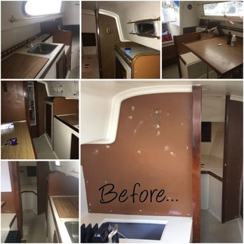 The Mobile Boat Guys - Before Mobile Boat Guy. Lots of brown, and lots of varnish. Dull, old, and outdated. - Boat Repair Near Me The Mobile Boat Guys - Before Mobile Boat Guy. Lots of brown, and lots of varnish. Dull, old, and outdated. - Boat Repair Near Me