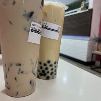 A Tea 7 - Roasted Oolong Milk Tea with Grass Jelly & Lotus Milk Tea with Brown Sugar Boba - 50% sweet for both - Bubble Tea Near Me - San Diego, California