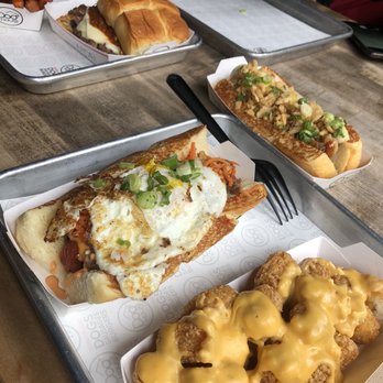 Dog Haus Biergarten - Lincoln Park - Bulgogi special dog, and cheese tots - Burgers Near Me - Chicago, Illinois