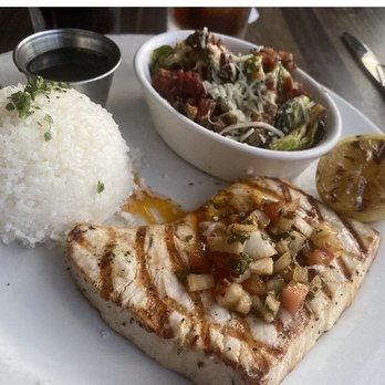 Rock'N Fish - My delicious dinner: fresh Swordfish, Brussels sprouts with bacon and cheese and steamed Jasmine Rice - Seafood Near Me - Manhattan Beach, California