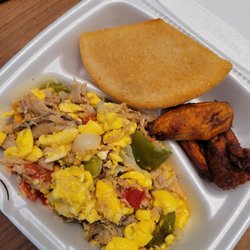 Ackee saltfish, bammy, and sweet plantain