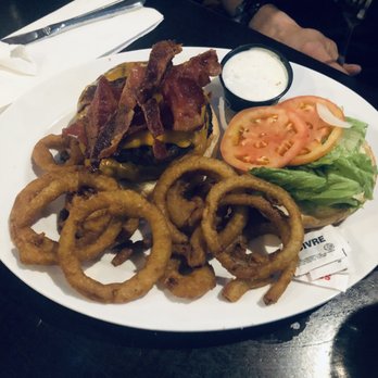 Character's Pub & Grill - Double bacon & cheeseburger with onion rings - Pubs Near Me - Chilliwack, British Columbia