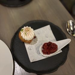 Alma Cocina Latina - Africa in the Americas:  CHERRY HILL MIKATE  Puff Puff, marshmallow fluff, guava, cherry granita
