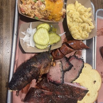Hurtado Barbecue - The Trinity: brisket, jalapeño sausage, pork ribs. Sides: Mac & cheese, tater tot casserole, Texas Twinkie, and all the fixin's - Barbeque Near Me - Arlington, Texas Hurtado Barbecue - The Trinity: brisket, jalapeño sausage, pork ribs. Sides: Mac & cheese, tater tot casserole, Texas Twinkie, and all the fixin's - Barbeque Near Me - Arlington, Texas