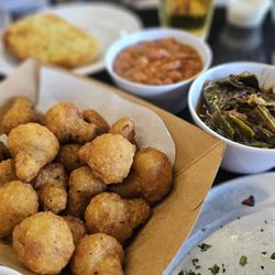 Bullpen BBQ and Tap House - Fried mushrooms, collard greens, baked beans & garlic toast
