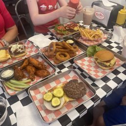 Buffalo wings, burgers, onion rings, french fries and amazing milk shakes.