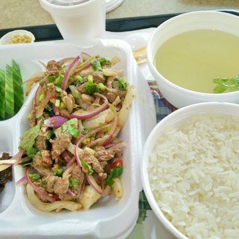 Wiang Kuk Thai Food - Larb Beef Combo $11.25 plus tax.  Medium Beef, Extra Spicy with Sticky Rice, Soup and Ice Tea.  You rarely see this anywhere. - Thai Near Me - Markham, Ontario