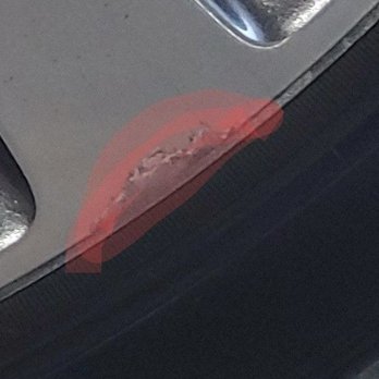 Wheel Repair Performance - BEFORE - Bigger curb rash highlighted in red - Wheel & Rim Repair Near Me - San Jose, California Wheel Repair Performance - BEFORE - Bigger curb rash highlighted in red - Wheel & Rim Repair Near Me - San Jose, California