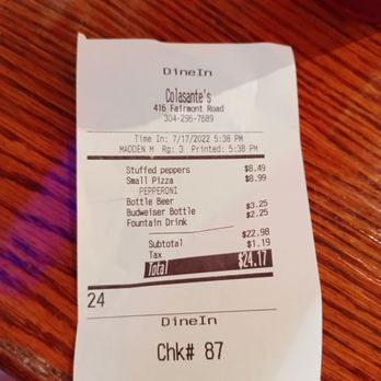 Colasante's Ristorante & Pub - receipt - Pizza Near Me - Morgantown, West Virginia