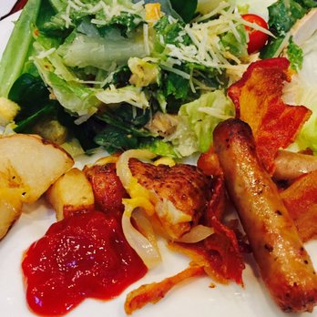 Rio Ranch - Pt 2 - house & caesar salad, breakfast potatoes w/ ketchup, smoked applewood sausage, bacon - Breakfast & Brunch Near Me - Houston, Texas Rio Ranch - Pt 2 - house & caesar salad, breakfast potatoes w/ ketchup, smoked applewood sausage, bacon - Breakfast & Brunch Near Me - Houston, Texas