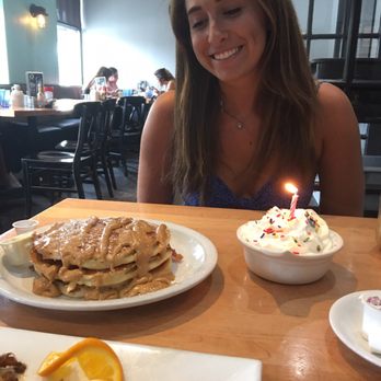 Brownstone Pancake Factory - They brought out a candle in whipped cream for my friend's birthday! - Breakfast & Brunch Near Me - Edgewater, New Jersey