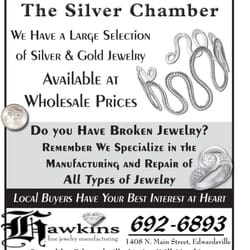 Hawkins Jewelry - We have a large selection of silver Jewelry, we also do custom order work, Repair, and Restoration work on Silver, We are silversmiths