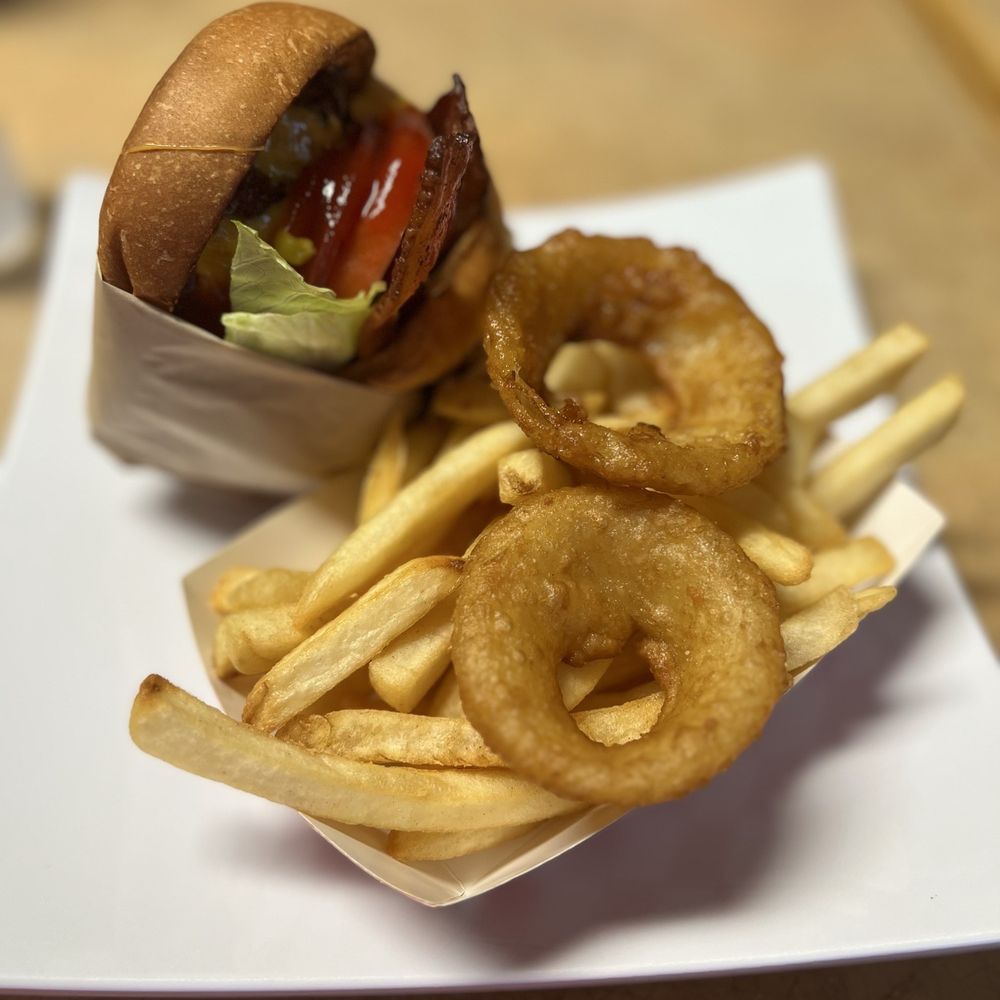 BullsHead Express - Western bacon burger and fries (and deliciously crispy and light onion rings) - Burgers Near Me - Burlingame, California
