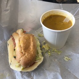 Ham, turkey, bacon grinder w/ provolone & veggies . Sweet potato & curry soup