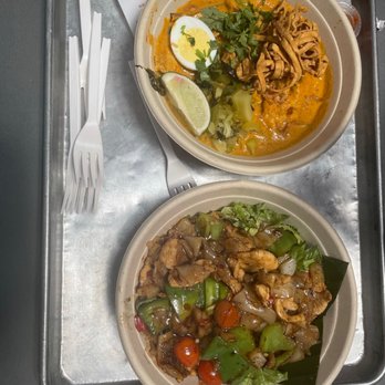 Crushcraft Thai Eats - Phat Ke Mao Drunken Noodles (bottom) and Khao Soi (top) - Thai Near Me - Dallas, Texas