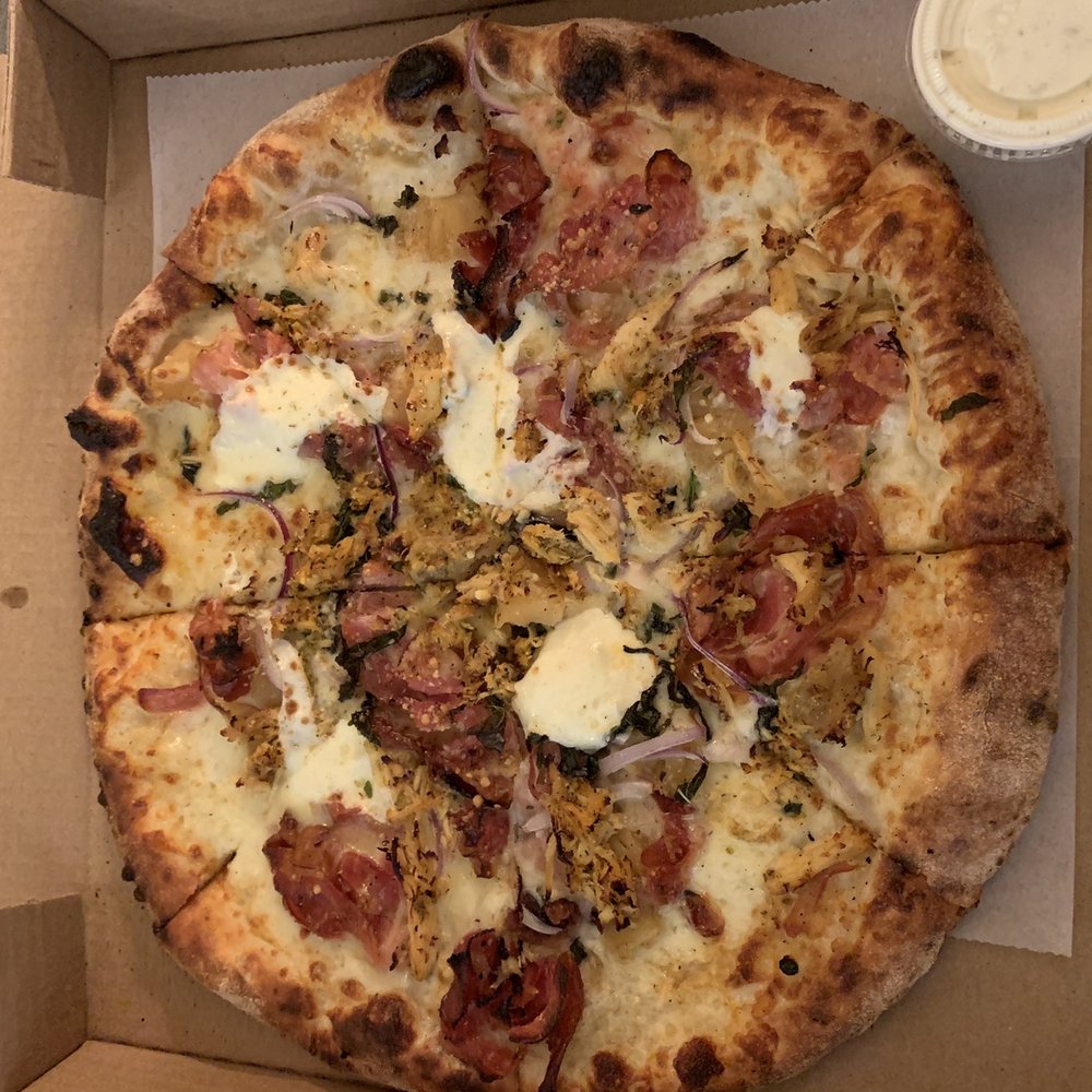 V Pizza Brier Creek + Flask - Hawaiian pizza with marinated chicken added - Chicken Wings Near Me - Raleigh, North Carolina V Pizza Brier Creek + Flask - Hawaiian pizza with marinated chicken added - Chicken Wings Near Me - Raleigh, North Carolina