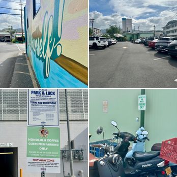 Honolulu Coffee - Walkway from the parking lot, the parking lot, park & lock signage, and moped/bike parking area. - Bakeries Near Me - Honolulu, Hawaii
