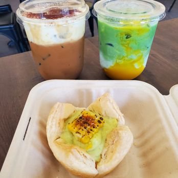 Altea Viet Coffee & Boba - Tiramisu Coffee, Golden Girl (Mango Coconut Matcha Latte) from their latest test menu, and a corn egg tart. - Cafes Near Me - Mount Prospect, Illinois