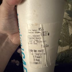 Tropical Smoothie Cafe - Proof of purchase. "Lucas" needs better training.