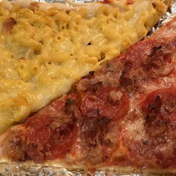 Previti Pizza 34th - Macaroni and cheese slice and pepperoni and bacon slice - reheated because I got greedy and bought too many. - Pizza Near Me - New York, New York Previti Pizza 34th - Macaroni and cheese slice and pepperoni and bacon slice - reheated because I got greedy and bought too many. - Pizza Near Me - New York, New York