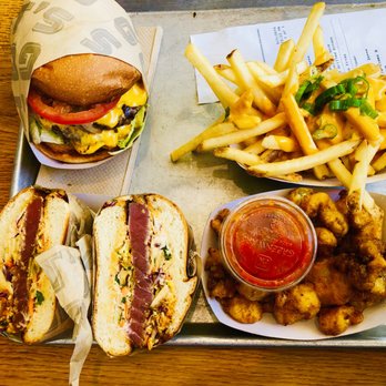 Gotts Roadside - Ahi Burger, Indian Cauliflower (special), Double Cheese Burger and Fries with Jalapeño Cheese Sauce - Burgers Near Me - Napa, California