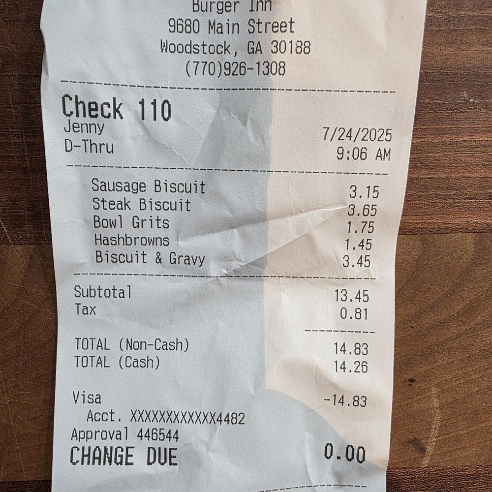 Burger Inn - Receipt - Breakfast & Brunch Near Me - Woodstock, Georgia Burger Inn - Receipt - Breakfast & Brunch Near Me - Woodstock, Georgia