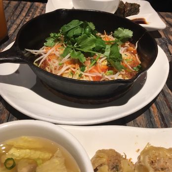 Up Thai - -Seafood pancake (middle) -Tofu and vegetable soup and steamed dumplings from the lunch special - Thai Near Me - New York, New York