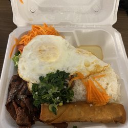 Thien An Pho - C6. Com Dac Biet : Combination with rice. Choice B (Grilled Pork, 2 Fried Eggs, & 1 Egg roll) $13.95
