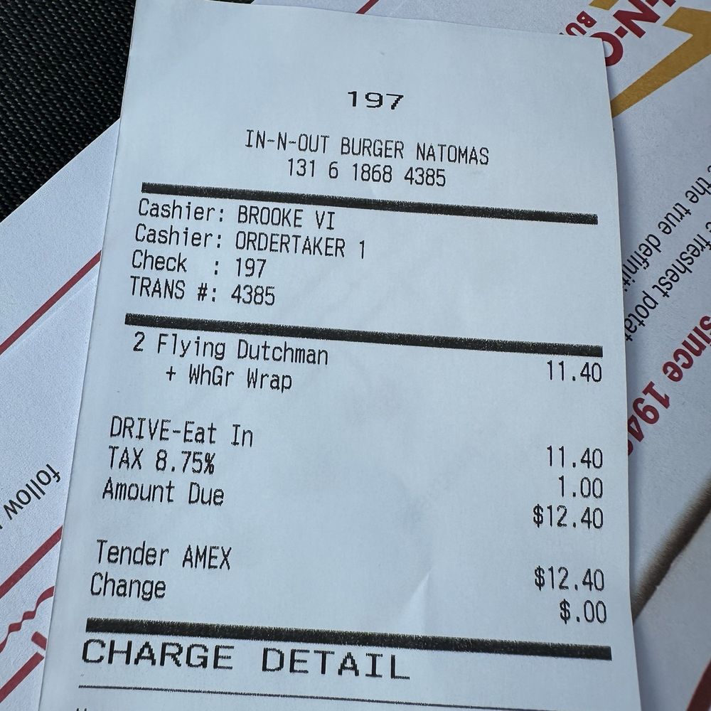 In-N-Out Burger - Receipt-June 2026 - Burgers Near Me - Sacramento, California