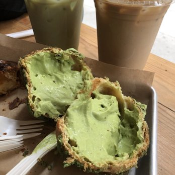 Bibble & Sip - Matcha cream puff, iced matcha jasmine latte and iced bourbon caramel latte - Coffee & Tea Near Me - New York, New York