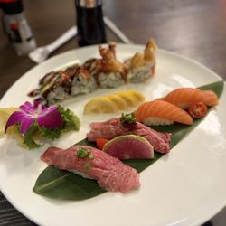 Hana - Salmon, toro, waygu, and Shrimp Tempura- when it finally arrived, it tasted above average