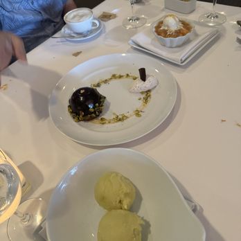 The Compound Restaurant - House made apple sorbet (great!), opera cake (only ok), and a peach thing which was supposed to be a peach tart but def wasn't. - New American Near Me - Santa Fe, New Mexico