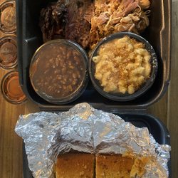 Mission BBQ - Meat sampler #2 meats Brisket , Pulled Chicken  Baked beans w/Brisket Cornbread  Mac & Cheese