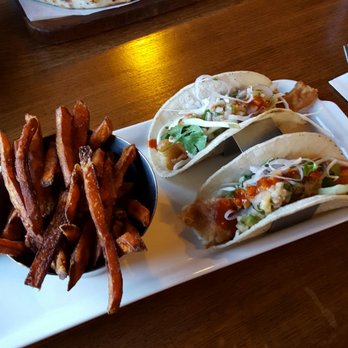 Earls Kitchen + Bar - Cod fish tacos with sweet potato fries with garlic aoli dipping sauce! - Canadian (New) Near Me - Jasper, Alberta Earls Kitchen + Bar - Cod fish tacos with sweet potato fries with garlic aoli dipping sauce! - Canadian (New) Near Me - Jasper, Alberta