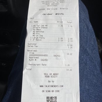 Wendy's - a receipt for a pilot - Fast Food Near Me - Gordonsville, Tennessee