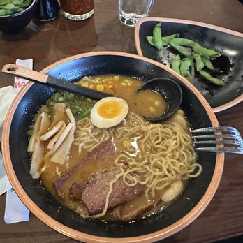 Red Bowl - Spicy Miso Ramen with beef and shrimp protein, with a side of edamame. - Dim Sum Near Me - Little Rock, Arkansas Red Bowl - Spicy Miso Ramen with beef and shrimp protein, with a side of edamame. - Dim Sum Near Me - Little Rock, Arkansas